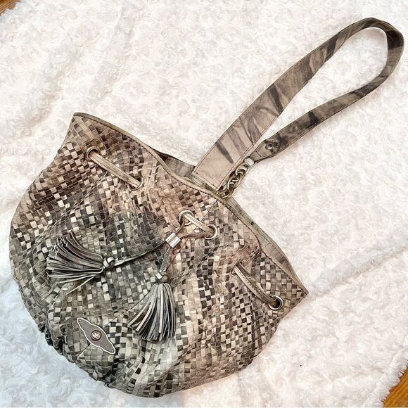 Elliott Lucca Snakeskin Embossed Leather Weave Bucket Hobo Shoulder Purse - Picture 4 of 13
